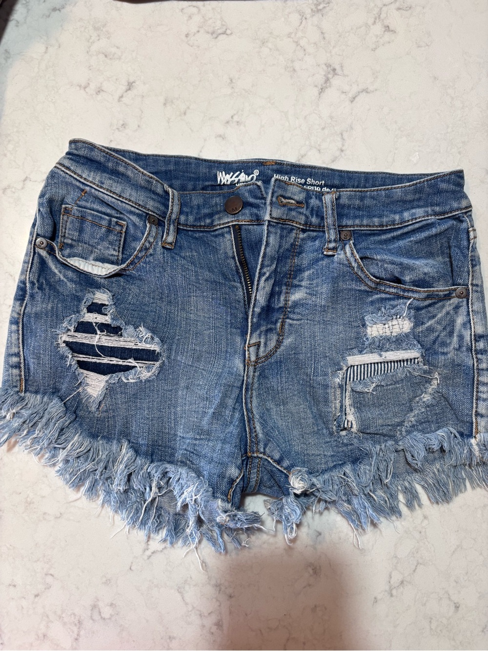 Y2K Wander Distressed Light Blue High-Rise Jean Shorts